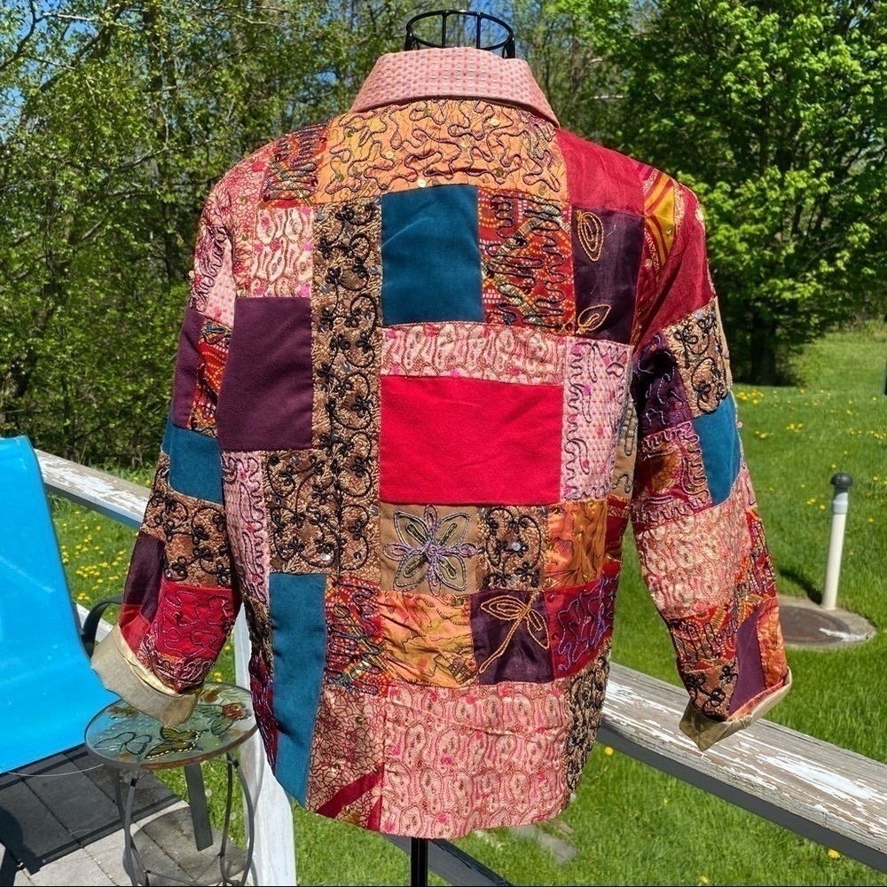 Vintage Alex Kim Wearable Art Patchwork Colorblock Sequined Jacket Petite Large - Picture 5 of 12